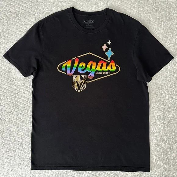 Rare Vegas Golden Knights VGK Black Rainbow Pride T-Shirt Gold Foil Size XL - Picture 7 of 7
